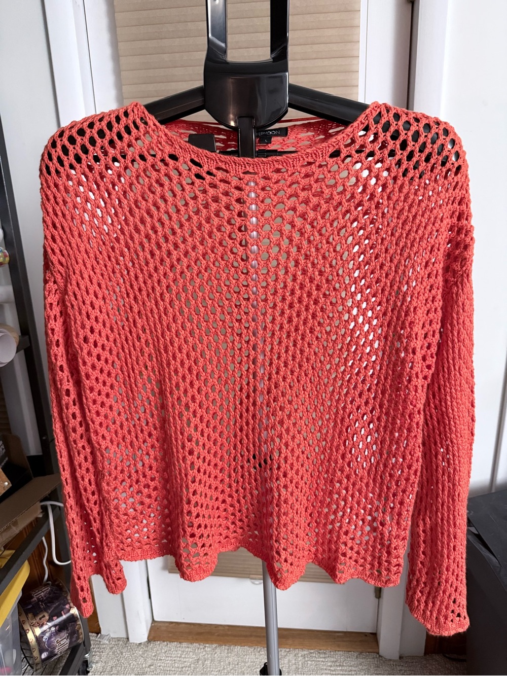 Papermoon Coral Orange Open-Weave Relaxed Crewneck Sweater size L layering piece